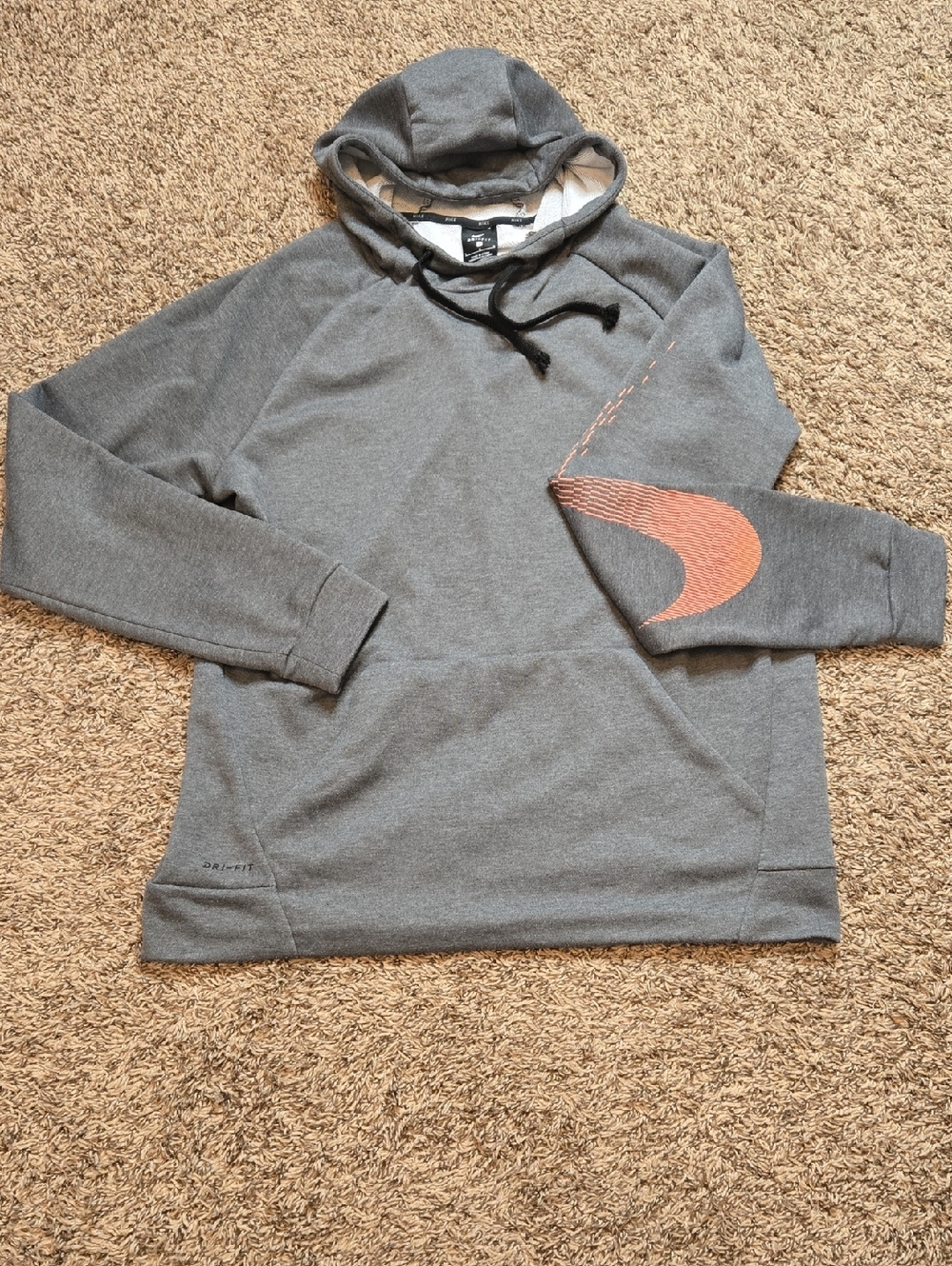 Nike Dri Fit Large Gray Hoodie with Orange Swoosh Accent Sweater Sweatshirt Top